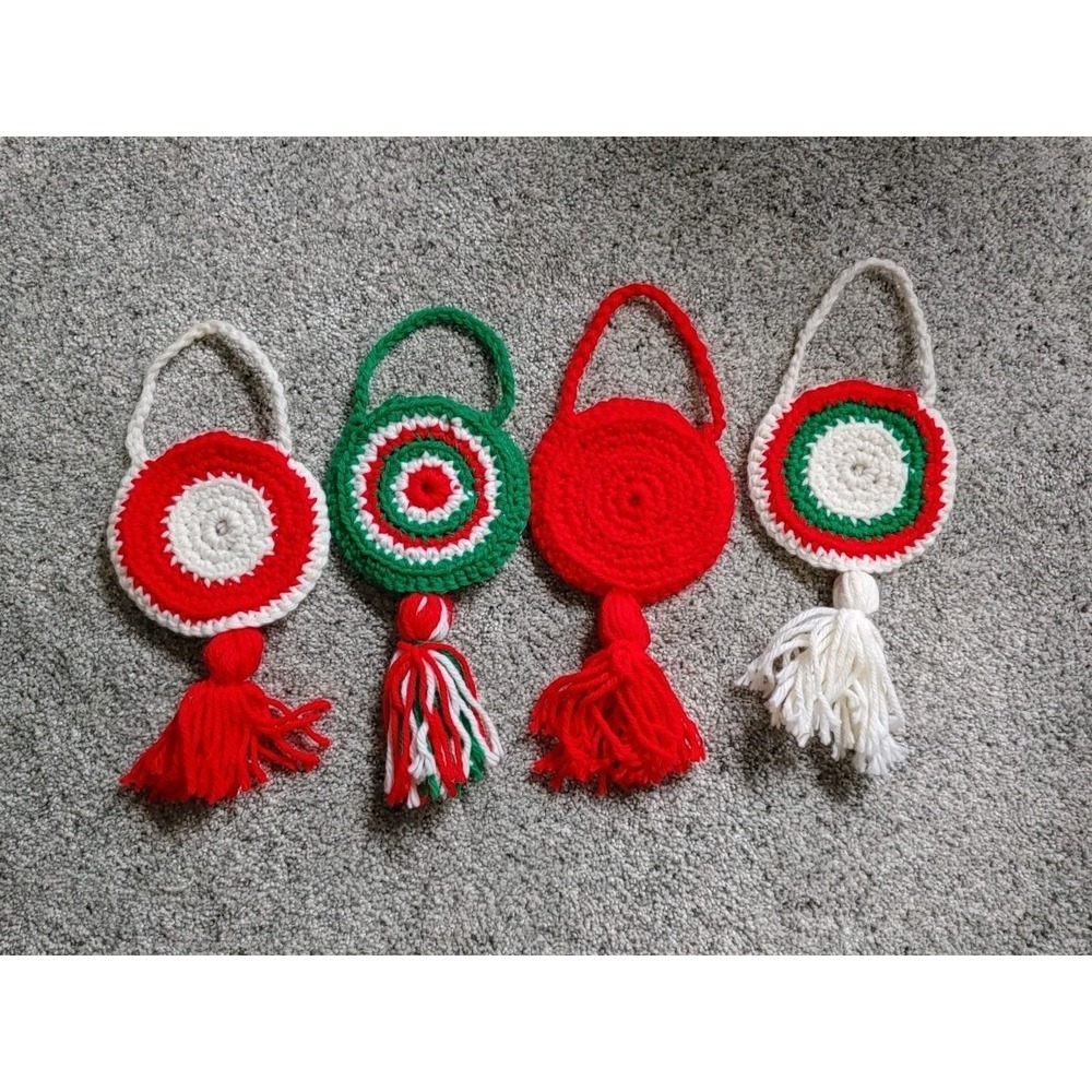 Vintage Style Crochet Christmas Scissor Holders Ornaments Red Green White Set 4